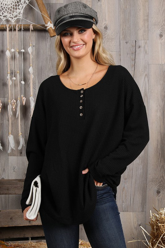 Ninexis - Button Long Sleeve Waffle Top - Black, Navy, Denim