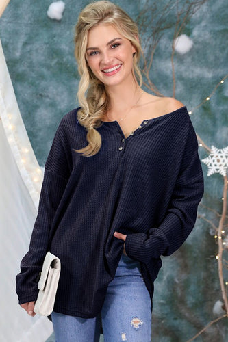 Ninexis - Button Long Sleeve Waffle Top - Black, Navy, Denim