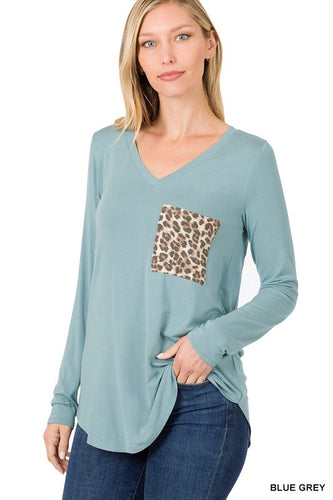 ZEN - Luxe Rayon Long Sleeve V-Neck Leopard Pocket - Blue, Grey, Pink