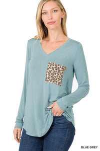 ZEN - Luxe Rayon Long Sleeve V-Neck Leopard Pocket - Blue, Grey, Pink