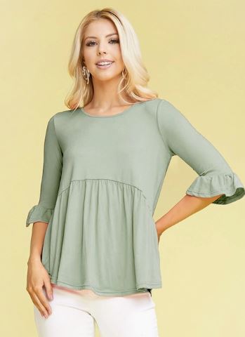 Ninexis - PLUS 3/4 Sleeve Ruffle Detail Peplum Top - Dusty Sage