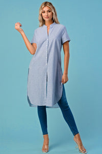 Jay - Long Tunic Top - Blue & White Thin Stripe