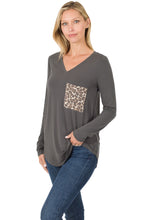 Load image into Gallery viewer, ZEN - Luxe Rayon Long Sleeve V-Neck Leopard Pocket - Blue, Grey, Pink