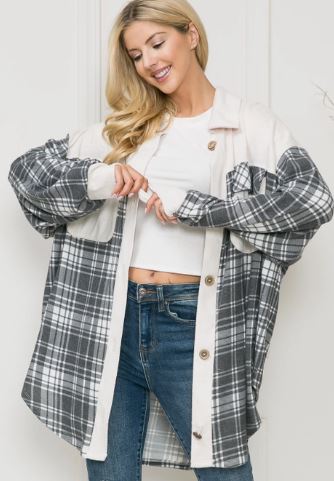 OF - Soft French Terry Plaid Mixed Media Shacket - Black/White