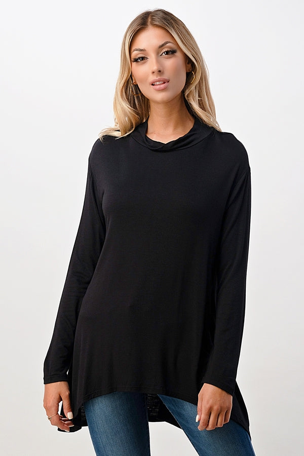 JAY - Mock Cowl Neck Long Sleeve Top - Black
