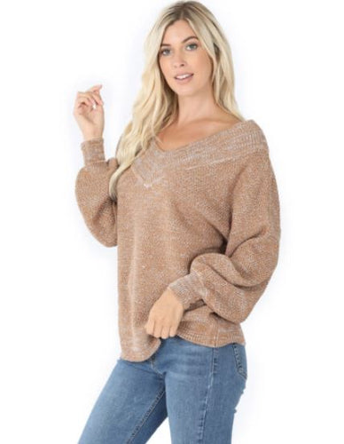 42P - Deep Camel Balloon Sleeve V-Neck Sweater