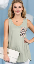 Load image into Gallery viewer, Ninexis - Round Neck Tank with Leopard Print Pocket - Dusty Sage