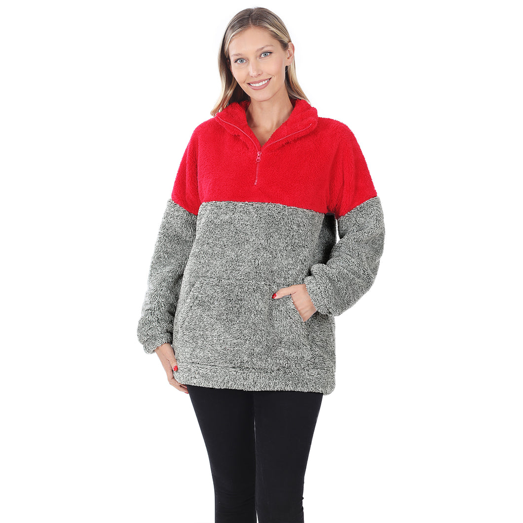 ZEN - Contrast Mélange Faux Fur Zip-Up Kangaroo Pocket Sweater - Red/Grey
