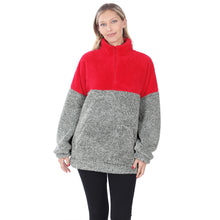 Load image into Gallery viewer, ZEN - Contrast Mélange Faux Fur Zip-Up Kangaroo Pocket Sweater - Red/Grey