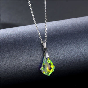 NJ - Crystal Peach Geometric Pendant Stainless Steel Necklace - Purple & AB Multi