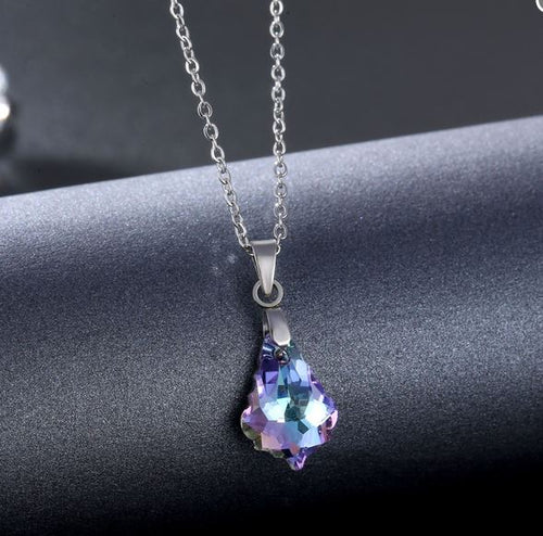 NJ - Crystal Peach Geometric Pendant Stainless Steel Necklace - Purple & AB Multi