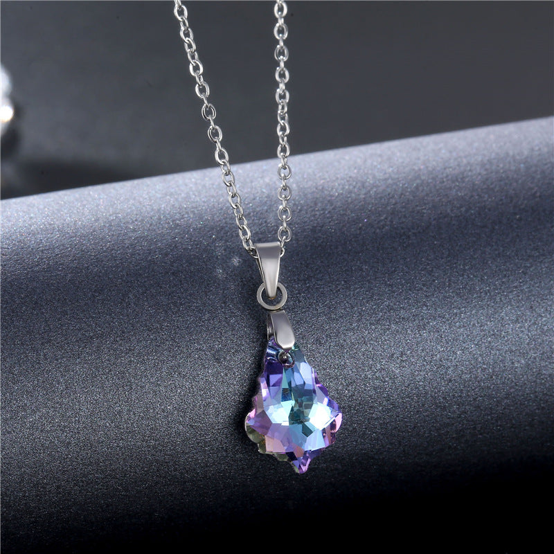 NJ - Crystal Peach Geometric Pendant Stainless Steel Necklace - Purple & AB Multi