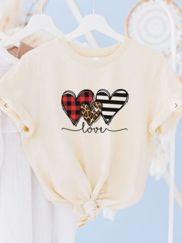 HTA - Plaid Leopard Hearts Graphic Tee - Light Cream