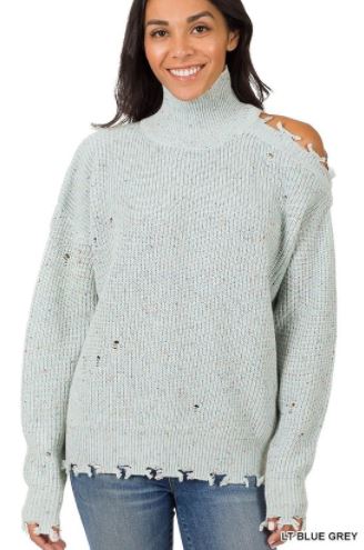ZEN - Distressed Cold Shoulder Sweater - Lite Blue/Gre