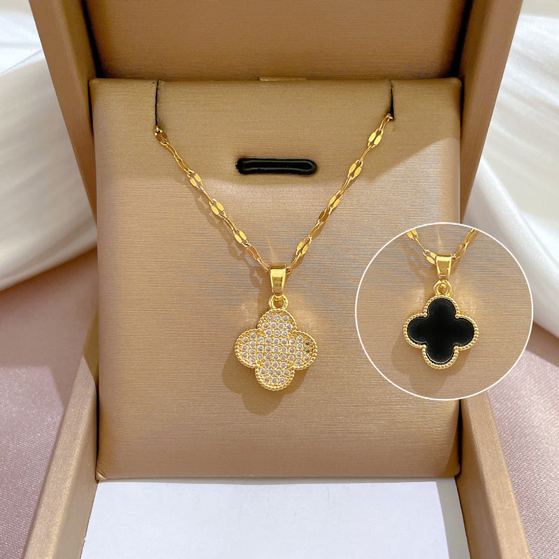 NJ - Four Leaf Clover Stainless Steel Reversible Necklace