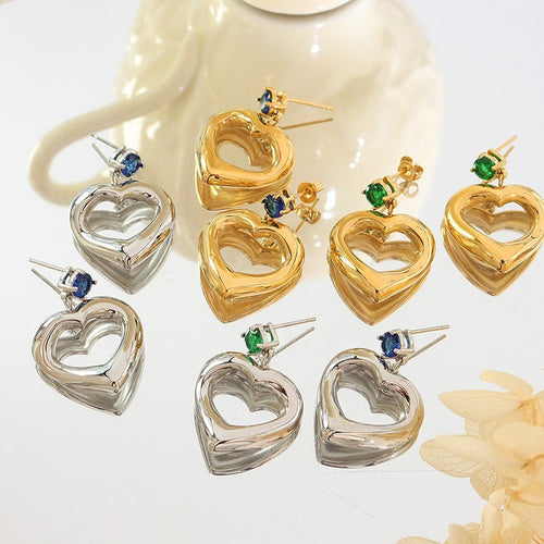 NJ - Titanium 18K Gold Heart & Blue Rhinestone Post Earrings