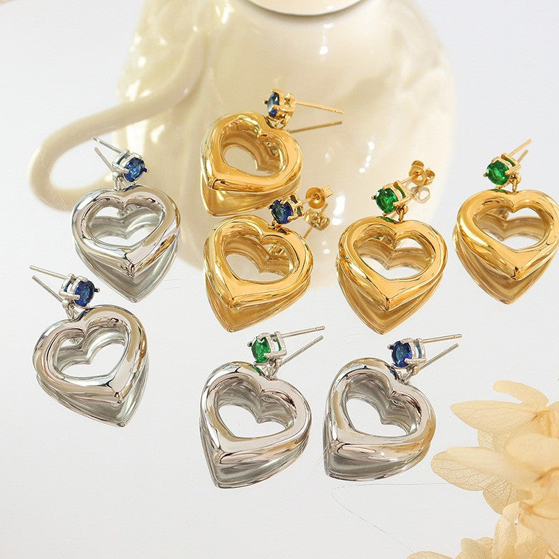 NJ - Titanium 18K Gold Heart & Blue Rhinestone Post Earrings