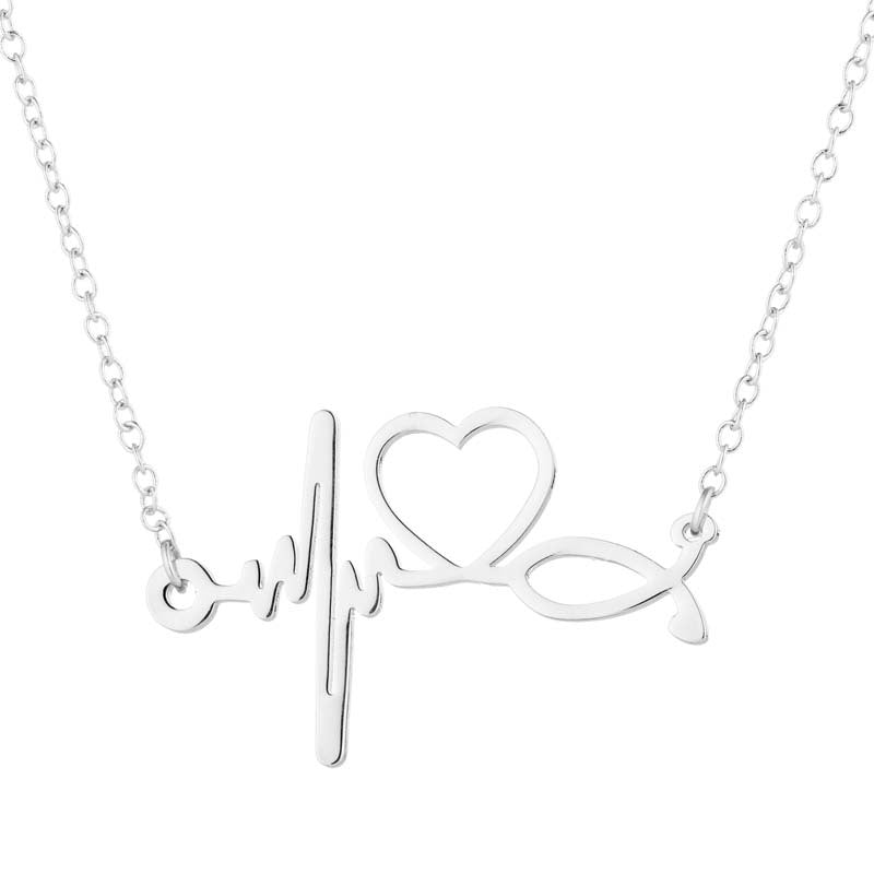 NJ - Heartbeat, Heart, & Fish Stainless Steel Necklace - Silver