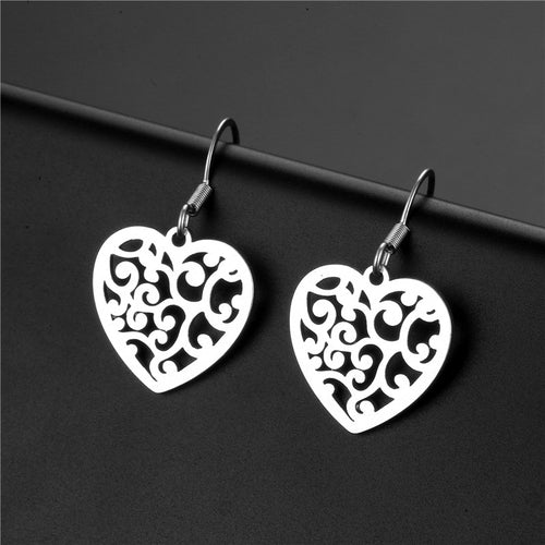 NJ - Hollow Heart Filigree Stainless Steel Earrings