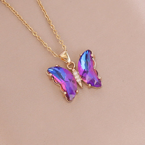 NJ - NEW Gradient Glass Butterfly Pendant Necklace - Multi Colors Avallable
