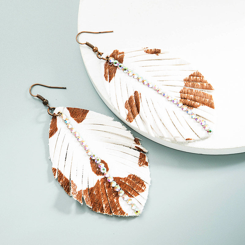 NJ - Bohemian Animal Print Leather Leaf Shaped Earrings