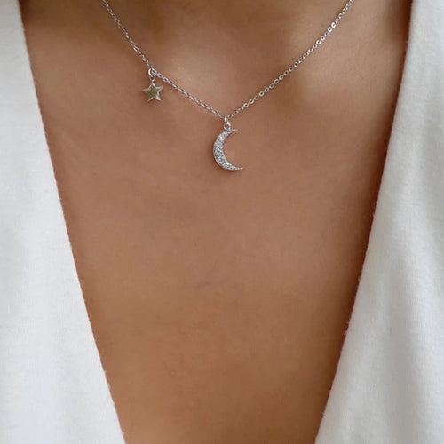 NJ - Crescent Moon and Star Silver Necklace