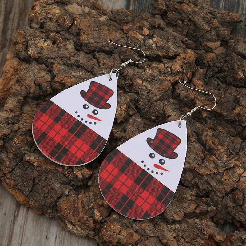 NJ - Buffalo Plaid Leather Double Sided Snowman Earrings