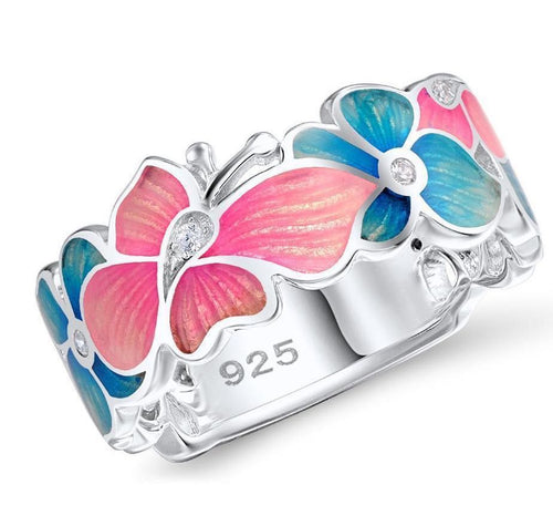NJ - Butterfly & Flower Pink & Blue Ring - Multiple Sizes