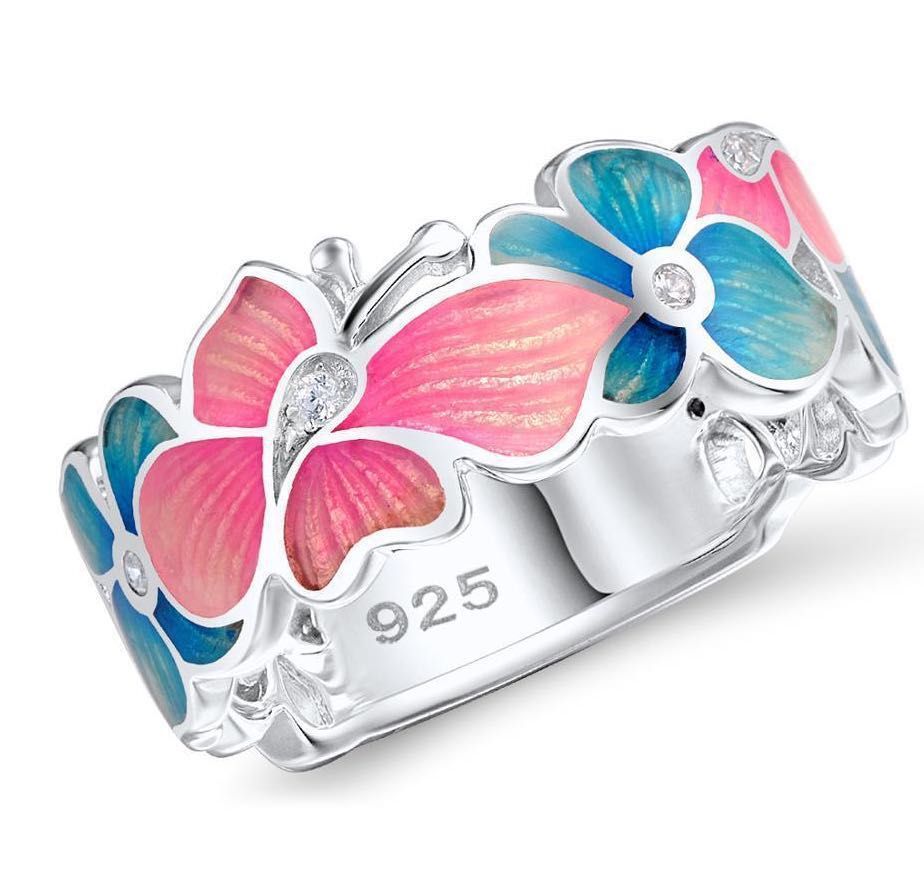 NJ - Butterfly & Flower Pink & Blue Ring - Multiple Sizes