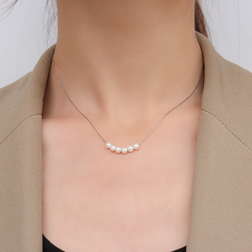NJ - Vintage Simple 18k Stainless Steel Pearl Necklace - Silver, Gold