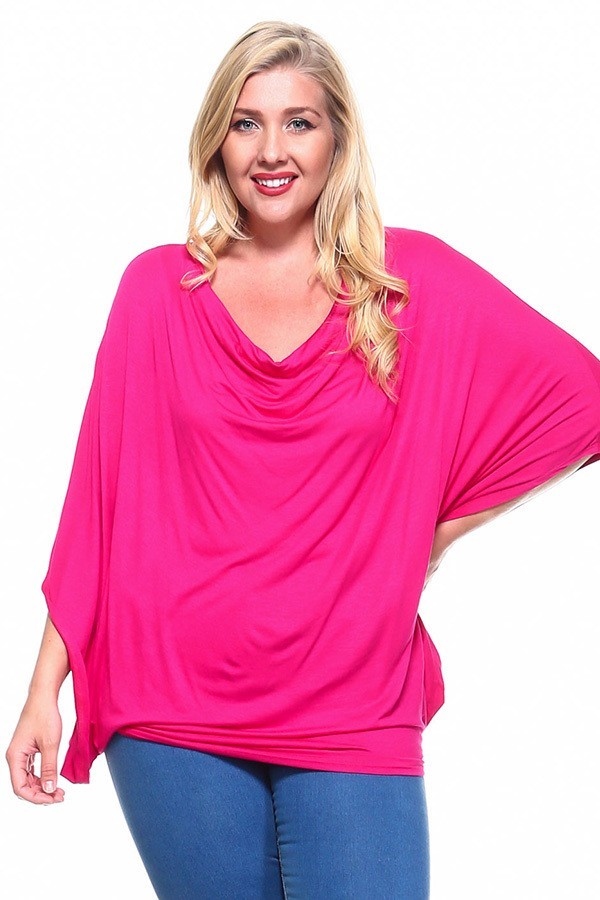 PPS - PLUS Draped Neck Kimono Sleeve Top - Hot Pink