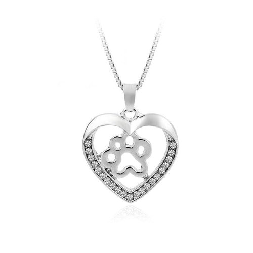 NJ - Love Heart Dog Paw Hollow Diamond Pendant Necklace