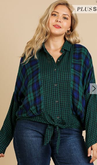 UMG - PLUS Plaid & Checkered Long Sleeve Top - Green Mix