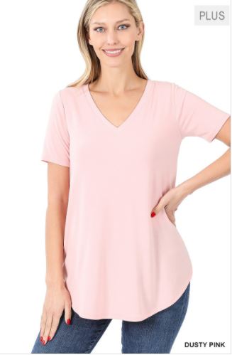 ZEN - PLUS V-Neck Short Sleeve Top - Plus Sizes (Dusty Pink, Ash Grey)