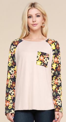 Ninexis - Contrast Reglan Long Sleeve Top - Floral or Buffalo Rust Print