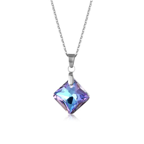NJ - Crystal Peach Triangular Pendant Stainless Steel Necklace - Purple & AB Multi