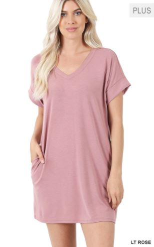 ZEN - PLUS Rolled Sleeve V-Neck, with Pocket T Shirt - Lite Rose