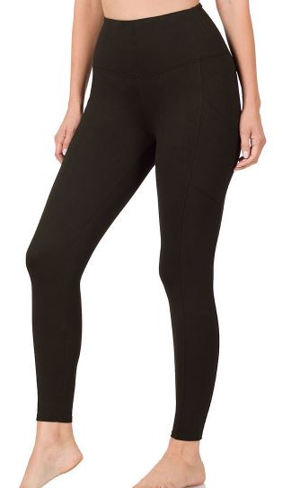 ZEN - Brushed Microfiber Wide Waistband Leggings w/Pockets - Black