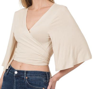 ZEN - Cropped Rayon Tie Front Cardigan - Cream