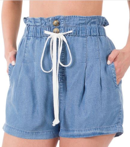 ZEN - Chambray Elastic Waist Shorts - Blue