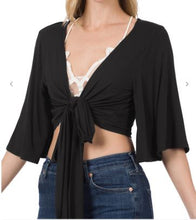 Load image into Gallery viewer, ZEN - Cropped Rayon Tie Front Cardigan - Black