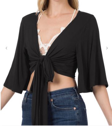 ZEN - Cropped Rayon Tie Front Cardigan - Black