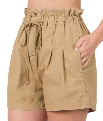 ZEN - Stone Wash Elastic Waist Shorts - Dark Beige