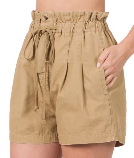 ZEN - Stone Wash Elastic Waist Shorts - Dark Beige