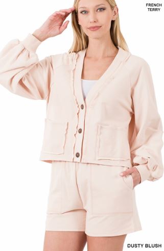 ZEN - French Terry Cardigan & Shorts Set (Pink/Grey)