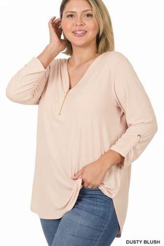 ZEN - PLUS ITY Front Zip Top - (Dusty Rose, Eggplant, Lite Green) 1X-3X