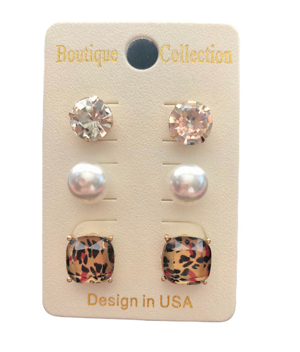Mix Stud Earring Set - 3 Pair of Stud Earrings (Leopard & Zebra)