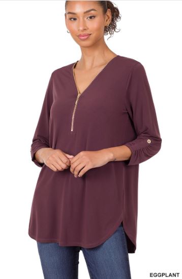 ZEN - ITY Front Zip Top (Dusty Blush, Eggplant, Lite Green, Bone) Small - XL