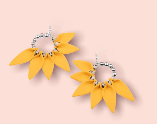 DD - Yellow Leather Petals & Silver Bead Earrings