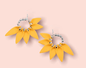 DD - Yellow Leather Petals & Silver Bead Earrings